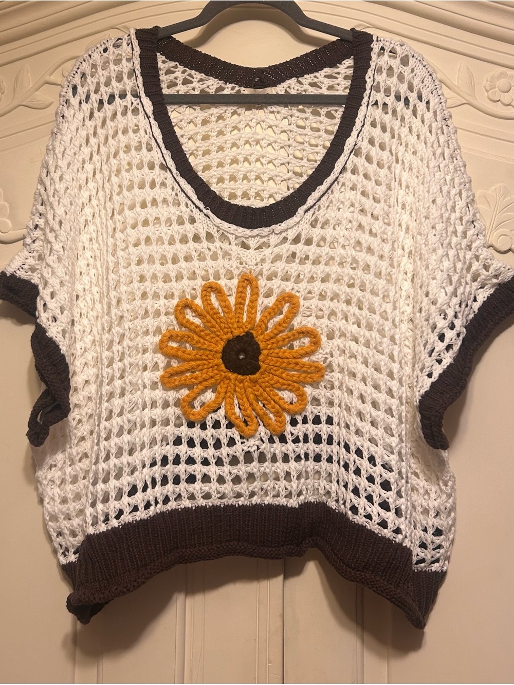 NWOT POL Open-Weave Crochet Sweater with Gold Sunflower and Brown Trim - Picture 1 of 3